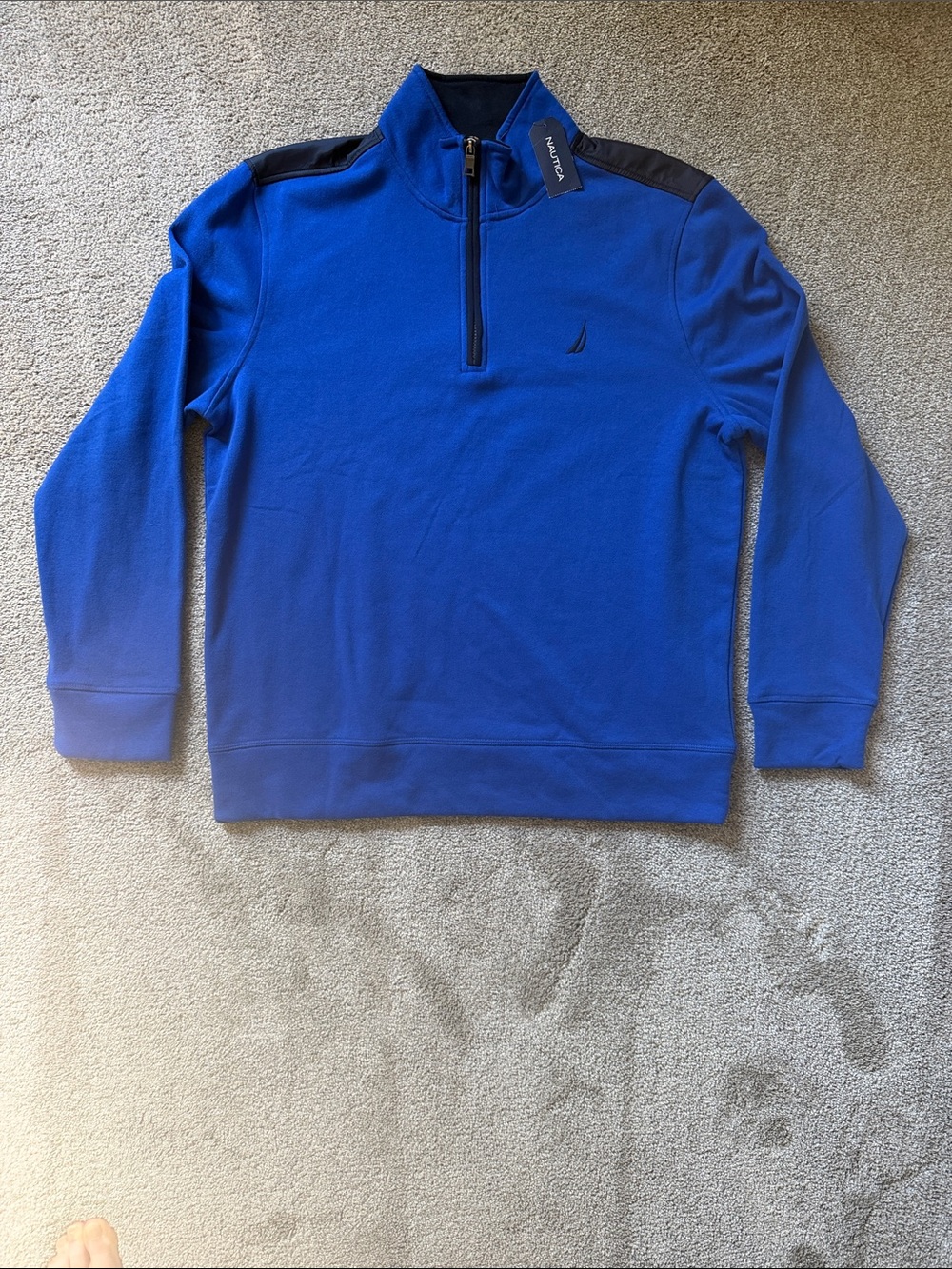 Nautica Men’s Blue Quarter-Zip Pullover Sweater Navy Blue Shoulder Accents